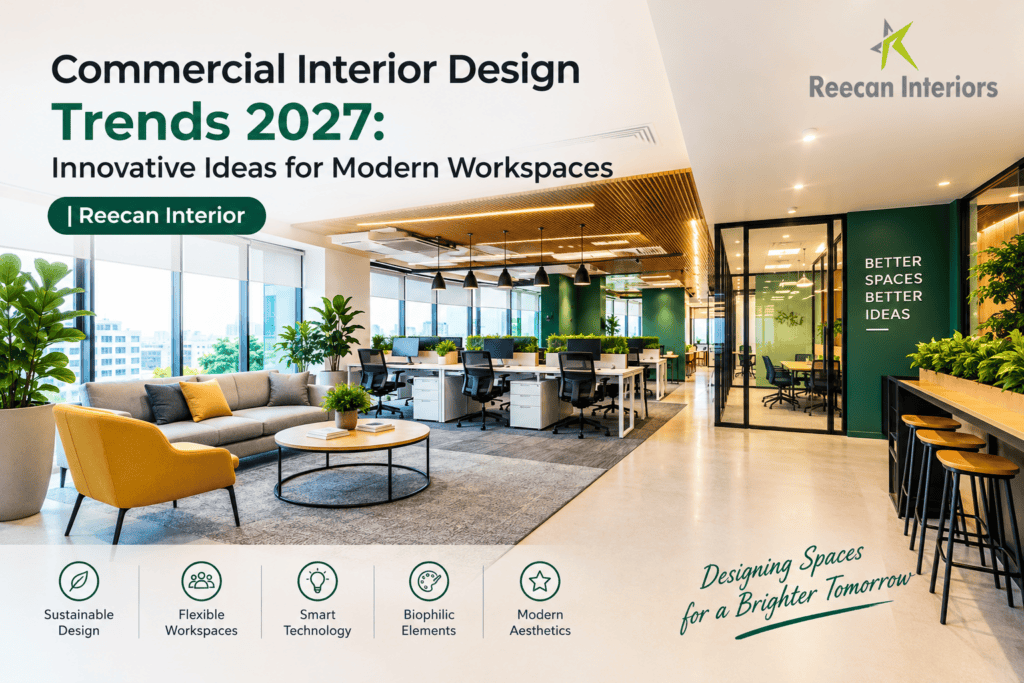 Explore commercial interior design trends for 2027, from flexible office layouts to modern workspaces with Reecan Interior in Delhi and Gurgaon.